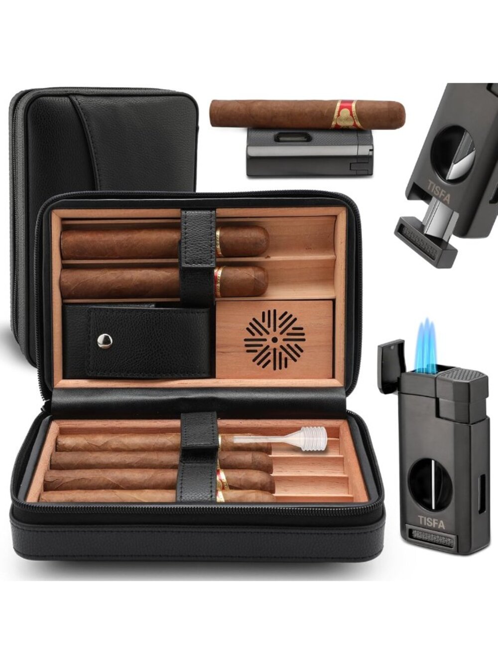Portable Leather Cedar Wood Cigar Humidor Case with Lighter & Cutter - 3 in 1